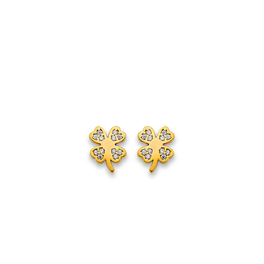 14K Yellow Gold Clover CZ Stud Earring W/ Screw Back