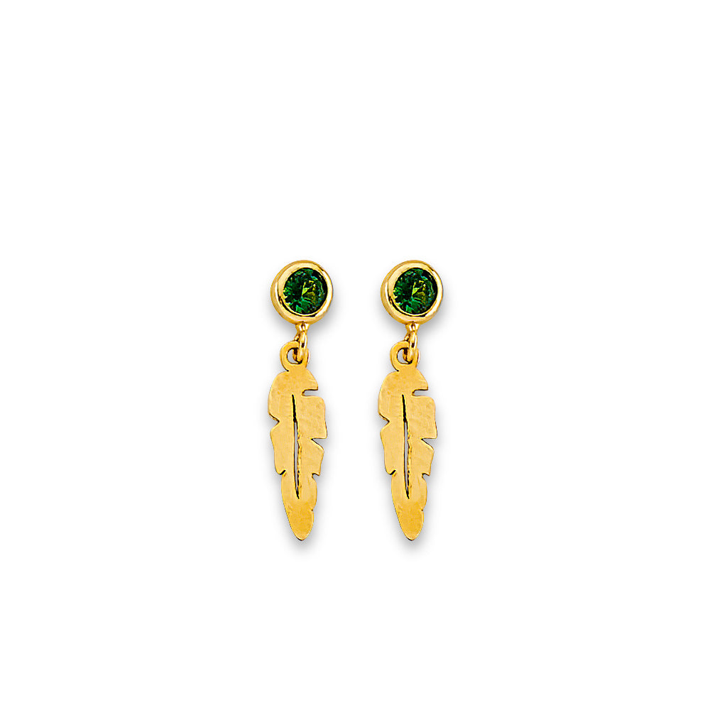 14K Yellow Gold Feather CZ Stud Earring W/ Screw Back