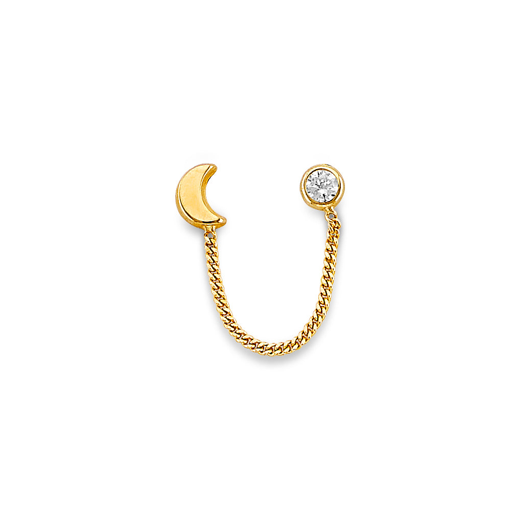14K Yellow Gold Moon CZ Crawler Stud Earrings W/ Screw Back