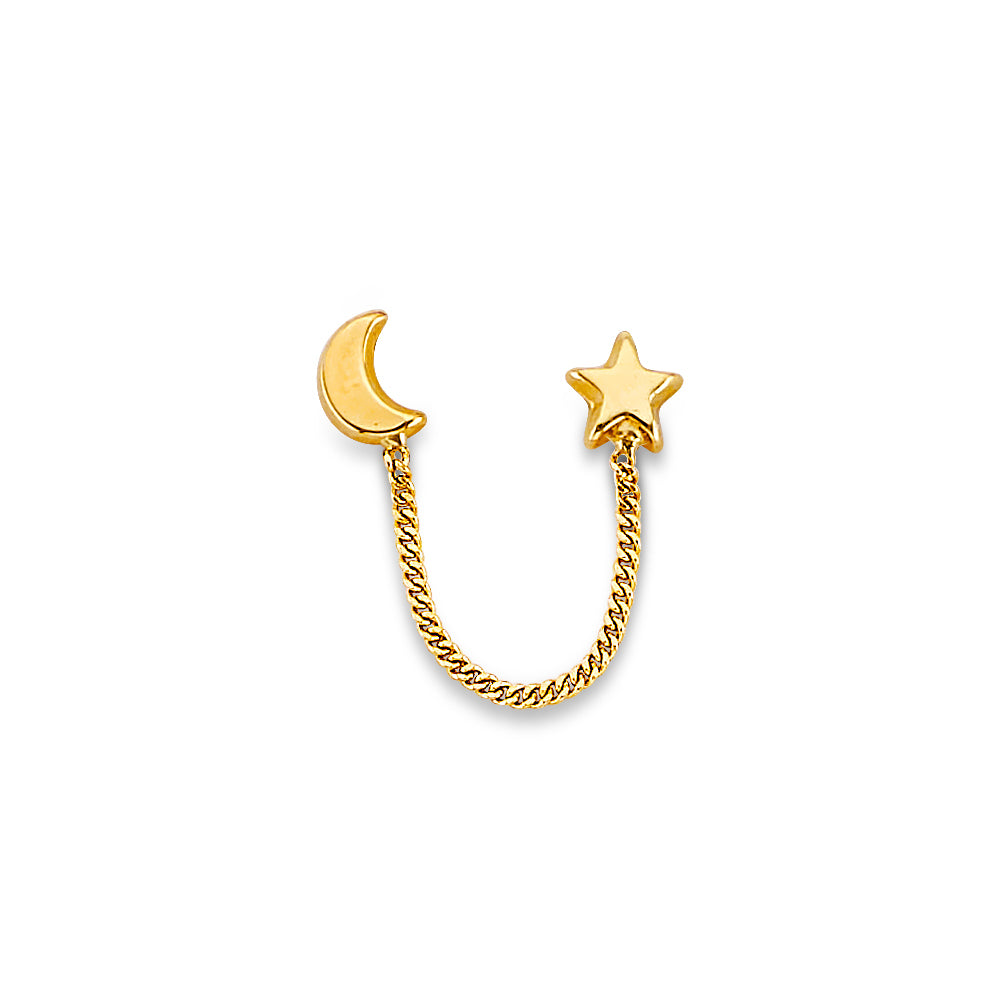 14K Yellow Gold Star & Moon Crawler Stud Earrings W/ Screw Back