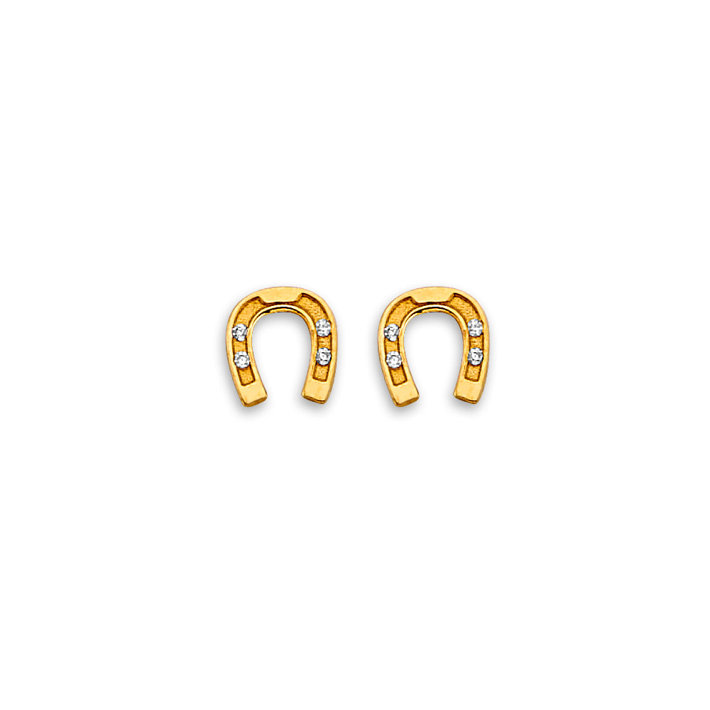 14K Yellow Gold Horseshoe CZ Stud Earrings W/ Screw Back
