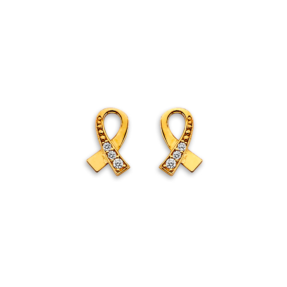 14K Yellow Gold Cancer Ribbon CZ Stud Earrings W/ Screw Back